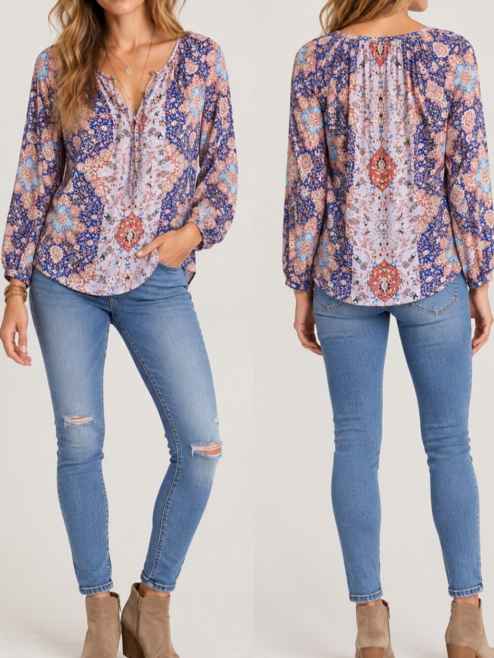 Lucky Brand XS Boho Pheasant Multi Printed Long Sleeve Keyhole V-Neck Top Blouse